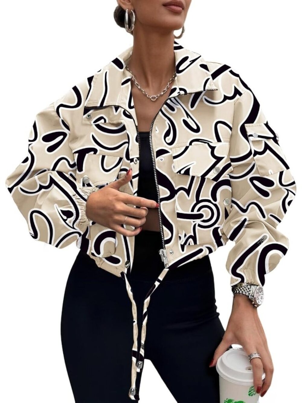 Women apricot Abstract Line Lightweight Cropped Anorak Coat Zip Up Bomber Jacket